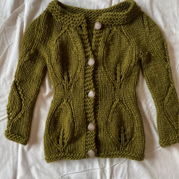 Olive Green Chunky Patterned Cardigan with Big Buttons - Picture 1 of 4